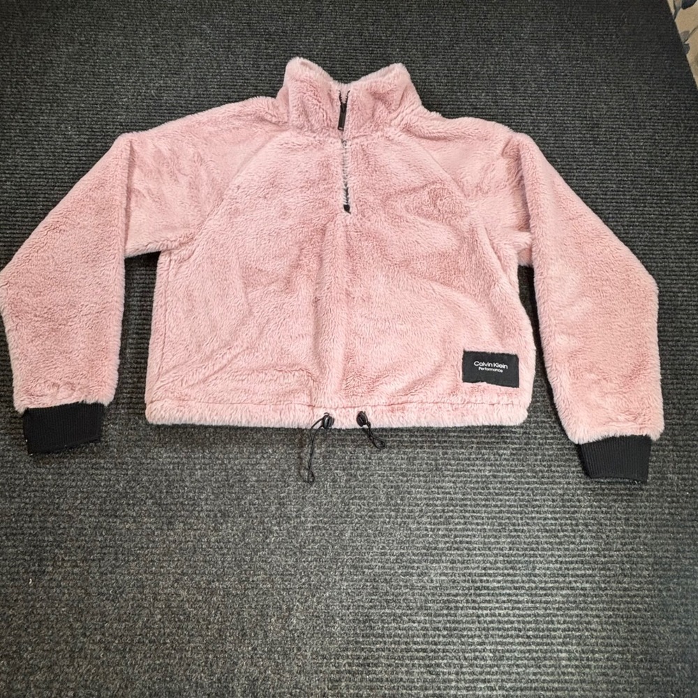 Calvin Klein Performance Pink Faux Fur Quarter Zip Pullover Cropped Sweatshirt S